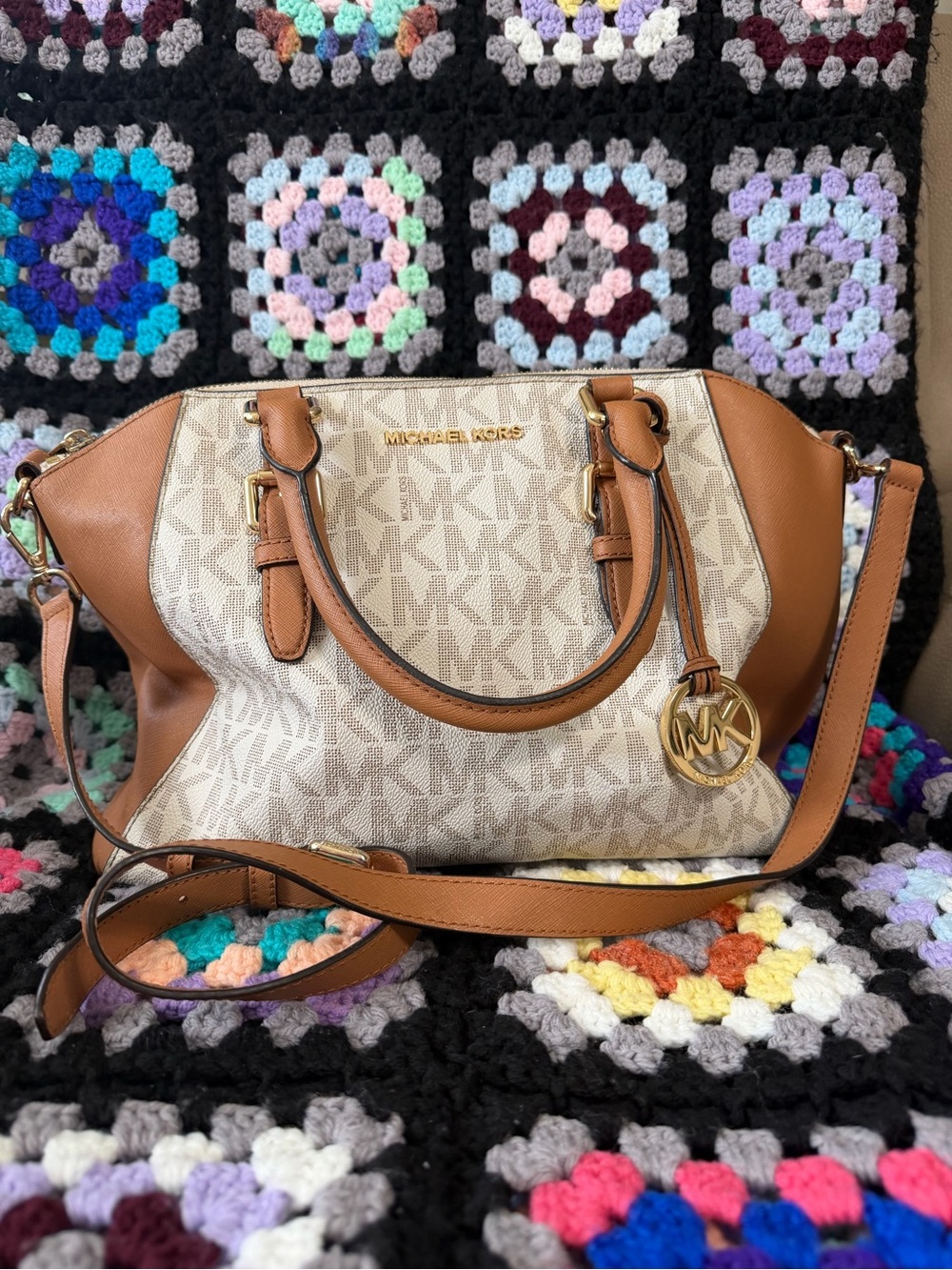 Michael Kors Beige Signature Satchel with Brown Trim and Gold Hardware